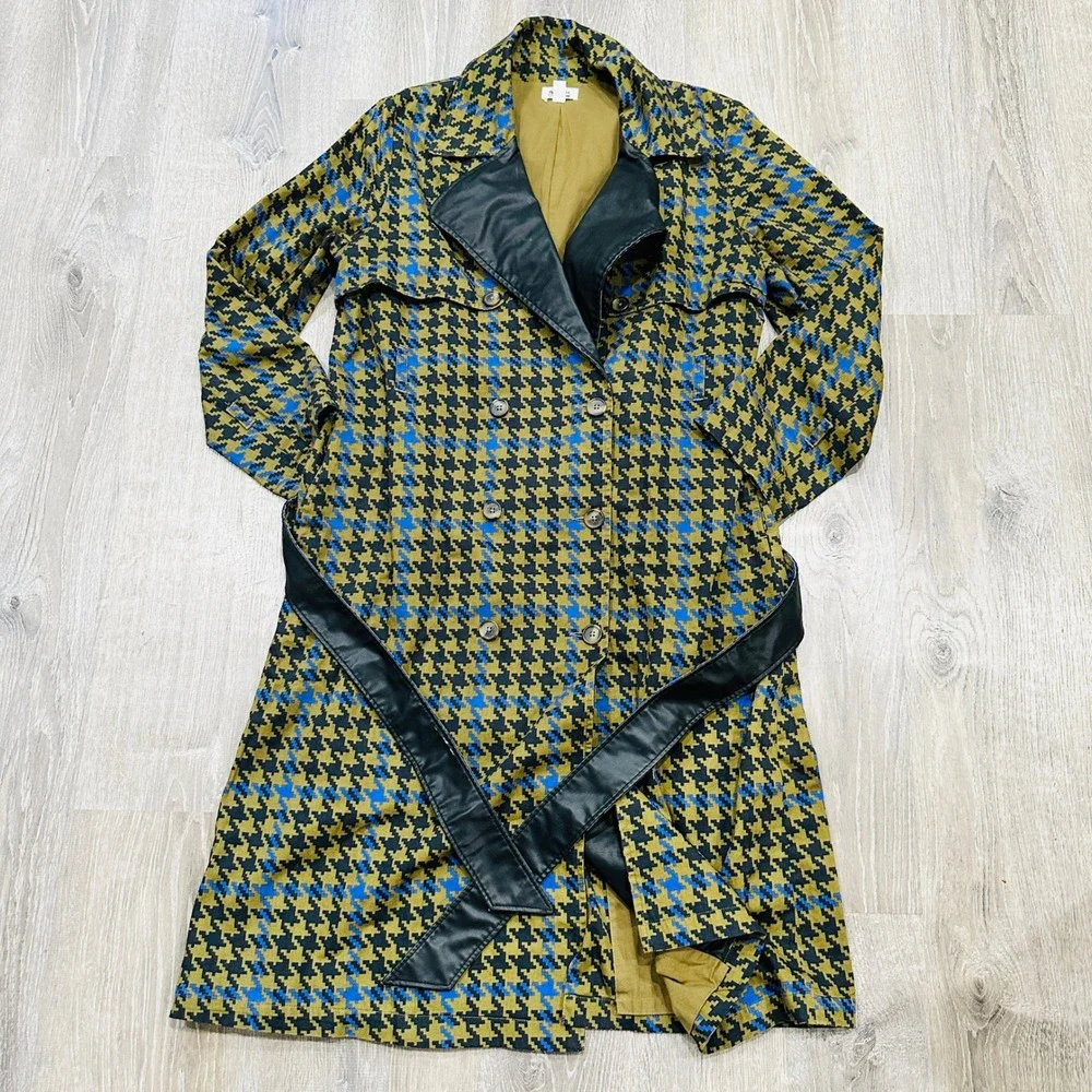 The Drop signedblake Houndstooth Trench Coat Olive Blue Faux Leather Trim M - Picture 2 of 16